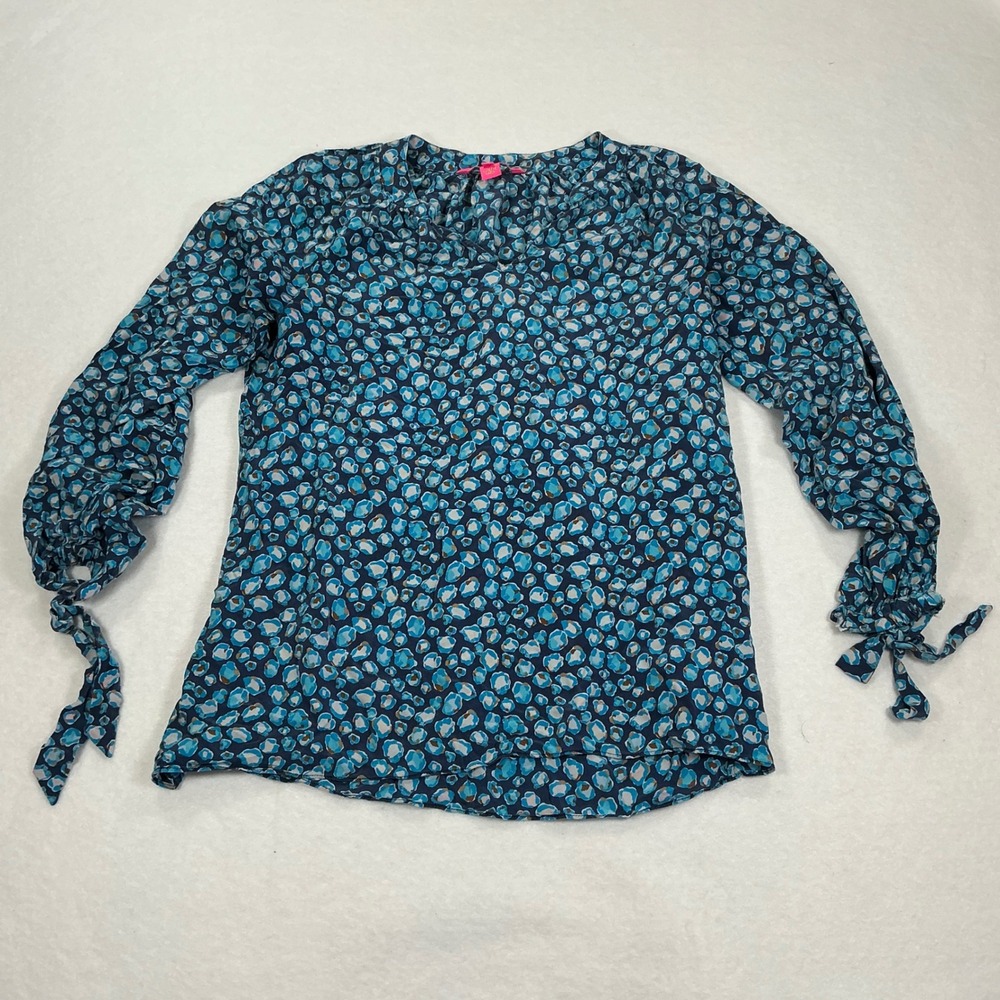 Lilly Pulitzer Blue Leopard Silk Blouse Tie Cuff Long Sleeve Top Small